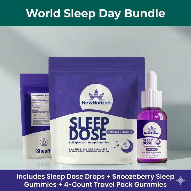 New Horizon World Sleep Day Bundle — Sleep Dose Drops, Snoozeberry Gummies, Travel Pack
